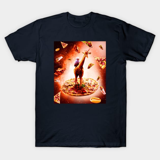 Snowy owl Riding Unicorn Giraffe on Pizza in the Food Universe T-Shirt by Random Galaxy